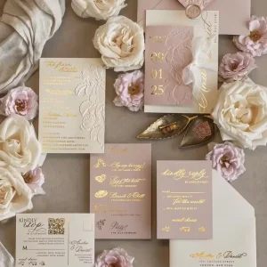 Custom Wedding Invitation with Embossed Artwork and Gold Foil