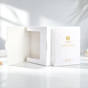 Custom White Embossed Facial Mask Box with Window Clamshell Packaging Gold Foil Logo Luxury Skincare Gift Box