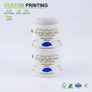 Custom White Roll Label With Gold Filigree and Blue Mineral Splash for Elixir Naturel Skincare Brand Packaging Bulk