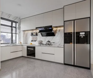 Custom White Wooden Kitchen Cabinets with Black Handles