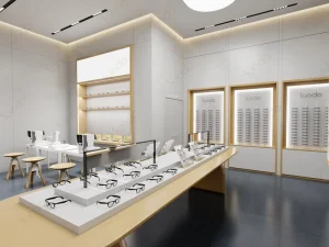 Custom Wooden Sunglasses Display Stand Wall Mounted Optical Showcase for Shop Interior Design Optometry Store Furniture