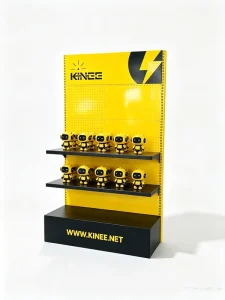 Custom Yellow Metal Pegboard Display Stand With Shelves Hardware Accessories Retail Display Rack for Store Exhibition