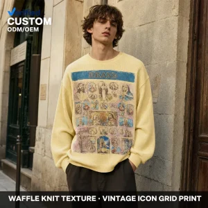 Custom Yellow Waffle Knit Pigment Washed Distressed Vintage Icon Grid Printed Oversized Long Sleeve Sweatshirt Men