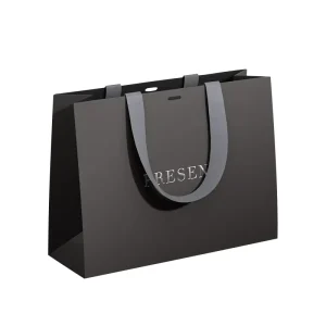Custom logo Luxury Ribbon Handle Boutique Shopping Packaging Black Paper Bags With Your Own Logo