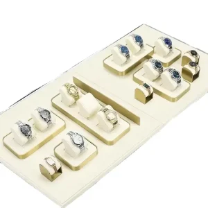 Custom logo New Design Beige Microfiber Watch Display Stand Watch Display Metal Tray Set Showcase for Retail Store