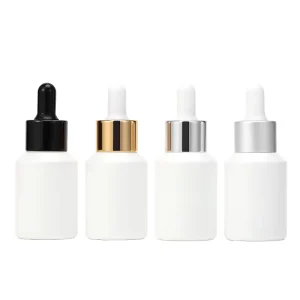 Custom logo Printing 30ml Matte White Glass Dropper Bottle with Metal Collar Refillable Serum Container