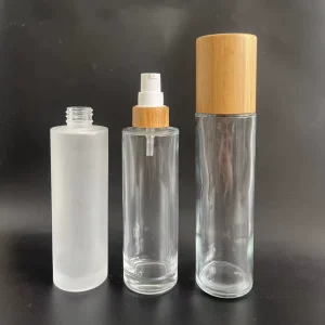 Custom logo Printing Luxury Frosted Glass Lotion Bottles 100ml 120ml Bamboo Lid Cosmetic Packaging