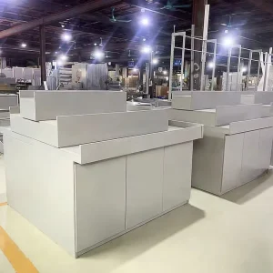 Custom-tailor Materical Beauty Display Stand White Wooden Cosmetic Island Counter Tiered Retail Display Cabinet