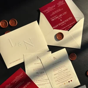 Customizable Formal Wedding Invitation, Luxury Red & Ivory Invitation Set with Debossed Monogram & Wax Seal