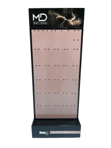 Customizable Freestanding Double sided Paper Display Stand with Pegboard Hooks Ideal for Cosmetics Display