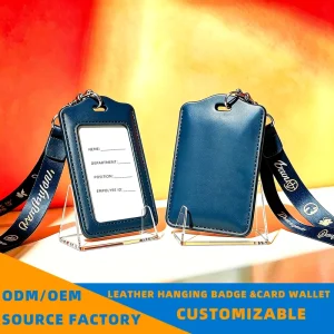 Customizable Leather ID Card & Badge Holder Set with Lanyard for Office Employees