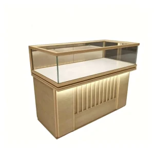 Customizable Light Wood Grain Jewelry Display Showcase with Fluted Front Panels and Floating LED Base for Upscale Boutique