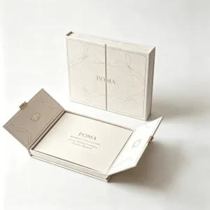Customizable Logo Fabric Gatefold Paper Box Premium Container With Metal Clasp for Bespoke Wedding Invitation