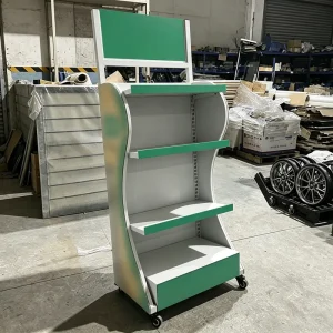 Customizable Modern Freestanding Double-Sided Metal Retail Shelving Floor Display Stand, 4-Shelf Supermarket Tool Display