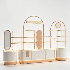 Customizable Modular Champagne Gold Display System with Arch Frames and Mirror Panels for Luxury Retail Boutique