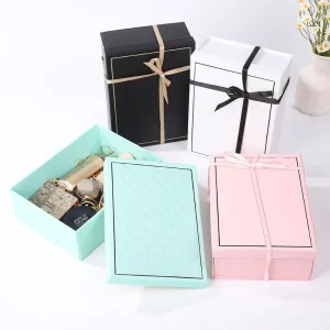 Customize Top and Bottom Gift Packaging Box with Ribbon Cardboard Paper Box for Cosmetic Set Gift Packaging Folding Gift Box