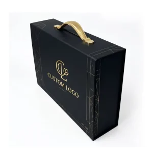 Customized Eco-Friendly Rigid Paper Black Magnetic Closure Folding Box with Gold Handle for Premium Gift Packaging