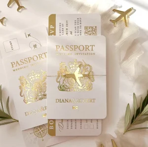 Customized Elegant Passport Destination Wedding Invitation In White With Boarding Pass Mirror Acrylic Airplane Tags