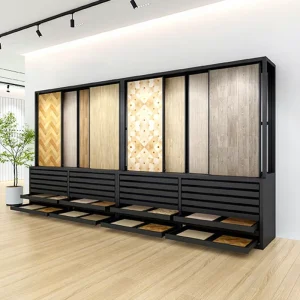 Customized Granite Stone and Wood Flooring Display Rack Stand Combination Cabinet for Showroom