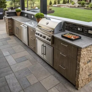 Customized Luxury Integrated LED Lighting Glass Door Storage Cabinetry Modern Quartz Stone Countertop Modular Set OutdoorKitchen