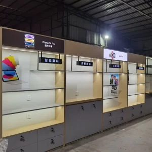 Customized Modern Style LED Light Digital Display Stand Varnished Retail Store Design for Mobile Phone Accessories Display Rack