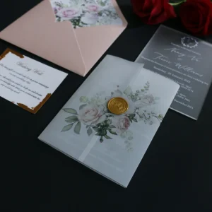 Customized Party Wedding Invitation Frosted Acrylic with Floral Design with Vellum Sleeve Wedding Cards Paper