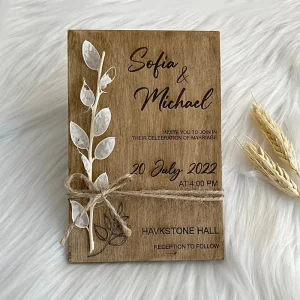 Customized Unique Engraving Text Wooden Invitation with Dried Flowers and Jute Rope for Wedding Event Invite