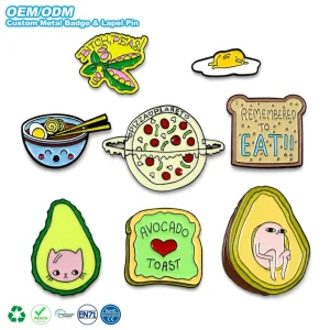 Cute Funny Food Enamel 2D Pin Set Avocado Pizza Toast Noodle Cartoon Metal Lapel Pin Badge for Backpack Clothing Decoration