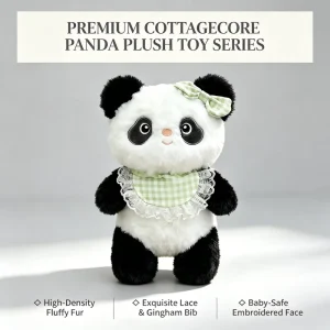 Cute Panda Plush Toy Green Plaid Bib Gingham Lace Collar Matching Ear Bowknot Soft Stuffed Animal Fluffy Bear Nursery Gift