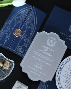 Deep Blue Envelope Silver Mirrored Acrylic Invites with Oval Shaped Thank You Card