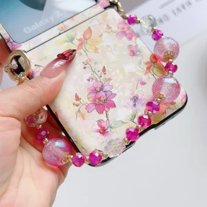 Delicate Flower Shaped Folding Phone Case with Hanging Chain Compatible for Samsung Z Flip Vivo Huawei Xiaomi Moto OPPO