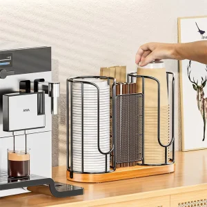 Desktop Paper Cup Storage Rack Iron Wood Kitchen Disposable Single Rack Punch Free Japanese Style Standing Cup Holder Coffee Bar