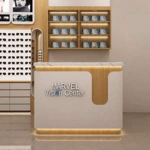 Display Rack Sunglasses Wall Unit with LED Warm Backlight and Brand Ad Lightbox Complete Oak White Optical Store Fixture Counter