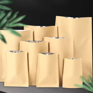 Disposable Natural Kraft Paper Flat Bags 120gsm Heavy Duty Aluminum Foil Lining Lamination Zipper Milk Sushi