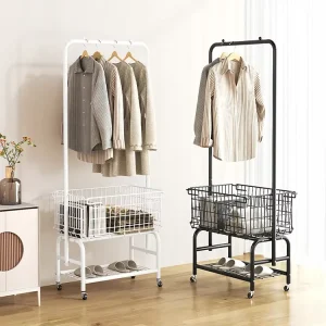 Double Coat Rack Bedroom Storage Rack Floor Standing Mobile Drying Rack Wheeled Hanging Rack Clothing Store Display Rack