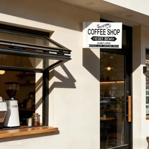 Double Side Printed Artwork Metal Projecting Signs Highly Visible Storefront Sign Black White Coffee Shop Wall Mount Sign