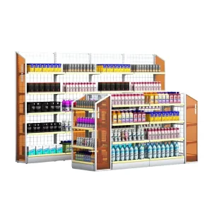 Double-Sided Board Supermarket Shelving Unit Heavy-Duty Metal Grid Display Stand Modular Grocery Store Pharmacy