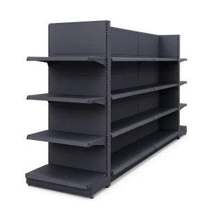 Double-Sided Gondola Retail Display Rack, Dark Gray Metal, 4-Tier Island Supermarket Store Fixture