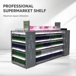 Double-Sided LED-Lighted Island Display Shelf with Custom-Engraved End Panel Convenience Store Gondola