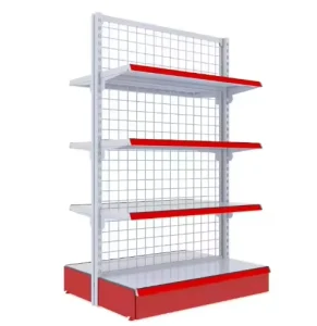 Double-Sided Light-Duty Steel Wire Shelf Supermarket Display Stand for Grocery Store with Metallic Iron and Wood Material