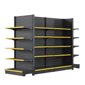 Double-Sided Modern Metal Supermarket Display Stand Heavy-Duty Steel Grocery Shelves