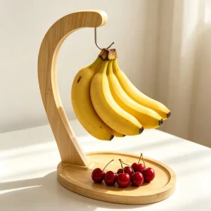 Double Wooden Banana Stand Hanging Desktop Fruit Rack Artificial Leaf Decoration Multifunction Non Folding Grape Banana Display