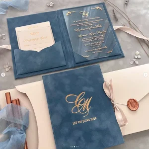 Dusty Blue Velvet Gold Folios Envelope Luxury Elegantly Foil Stamped Acrylic Wedding Invitation Cards