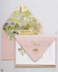 Dusty Pink Wedding Envelope, Japanese Pagoda Cherry Blossom Watercolor Liner, Gold Foil Embossed Custom Printing