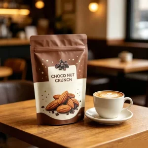 Eco Friendly Chocolate Brown Stand Up Pouches with Almonds and Gold Stars for Premium Food Packaging (Food Grade)
