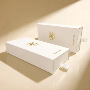 Eco Friendly Cosmetic Gift Drawer Box with White Cardboard Gold Foil Logo Printing UV Embossing Customizable