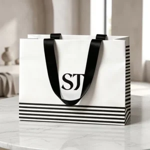 Eco Friendly Custom OEM Striped Art Paper Bag with Black Ribbon Bow Tie Custom Logo for Fashion Stores Recyclable
