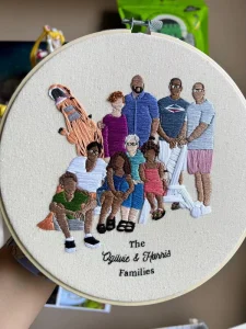 Eco-Friendly Round Portrait Embroidery Artwork, Hand-Stitched Cotton Family Couple