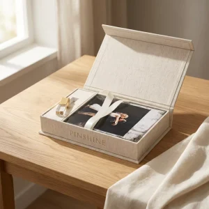 Eco friendly Low MOQ Beige Linen Custom Logo Ribbon Insert Perfume Photo Factory Price Book Style Gift Box