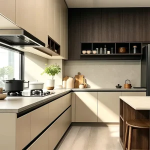 Elabor White High Gloss MDF Kitchen Cabinet System with Wooden Design for Apartment Villa Projects